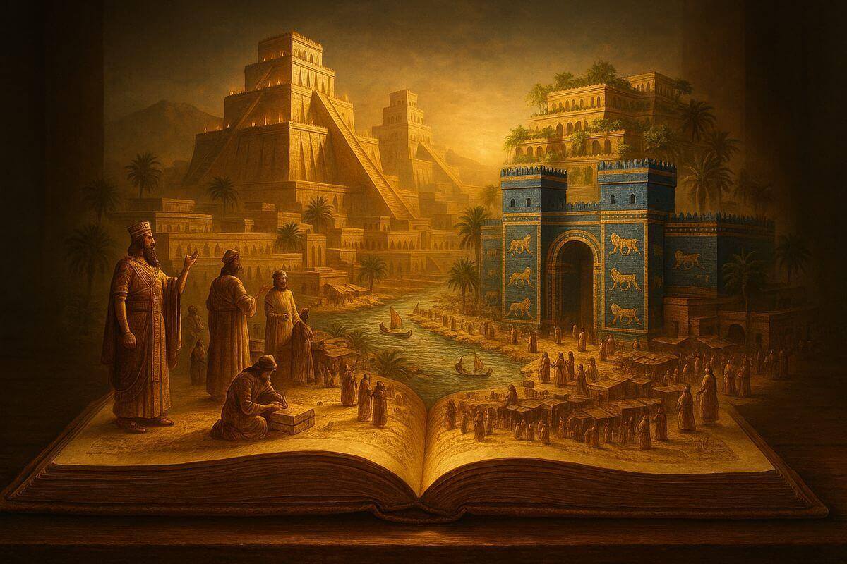 Open book with Sumerian history illustrations emerging from pages symbolising ancient civilisation