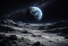 Earth seen from the far side of the Moon against deep space