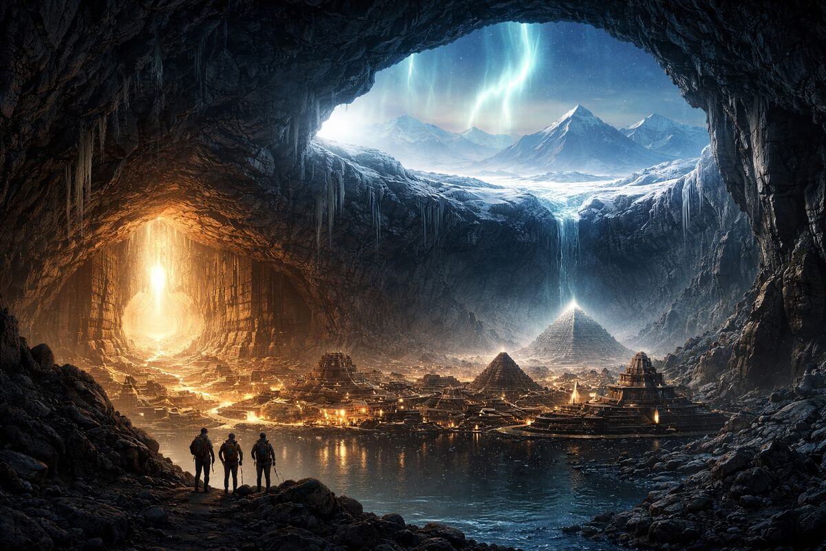 Conceptual hidden civilization beneath Antarctic ice.