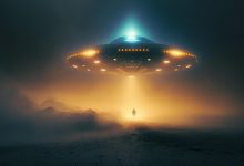 High quality image of UFO with alien figure nearby