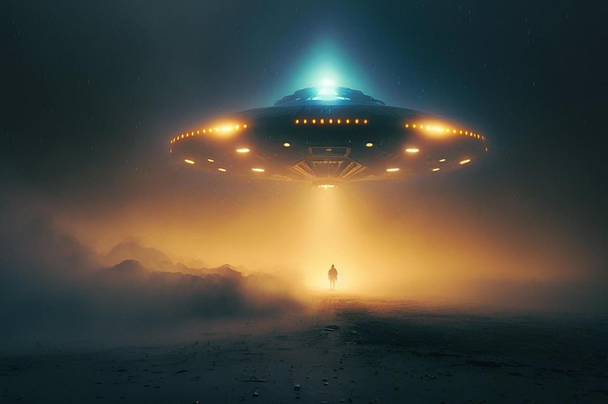High quality image of UFO with alien figure nearby