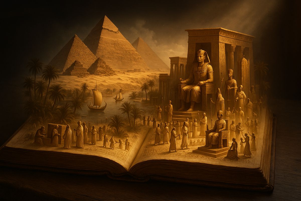 Giza monuments emerging from an open book.