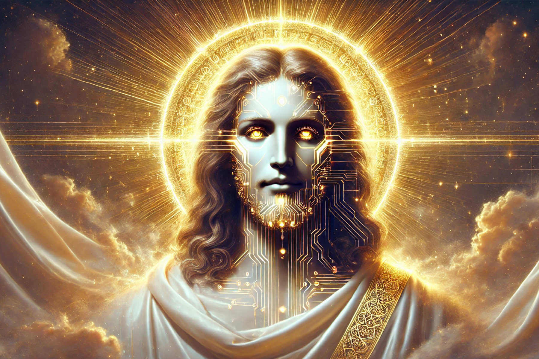 Concept of Jesus and artificial intelligence in a symbolic religious artwork
