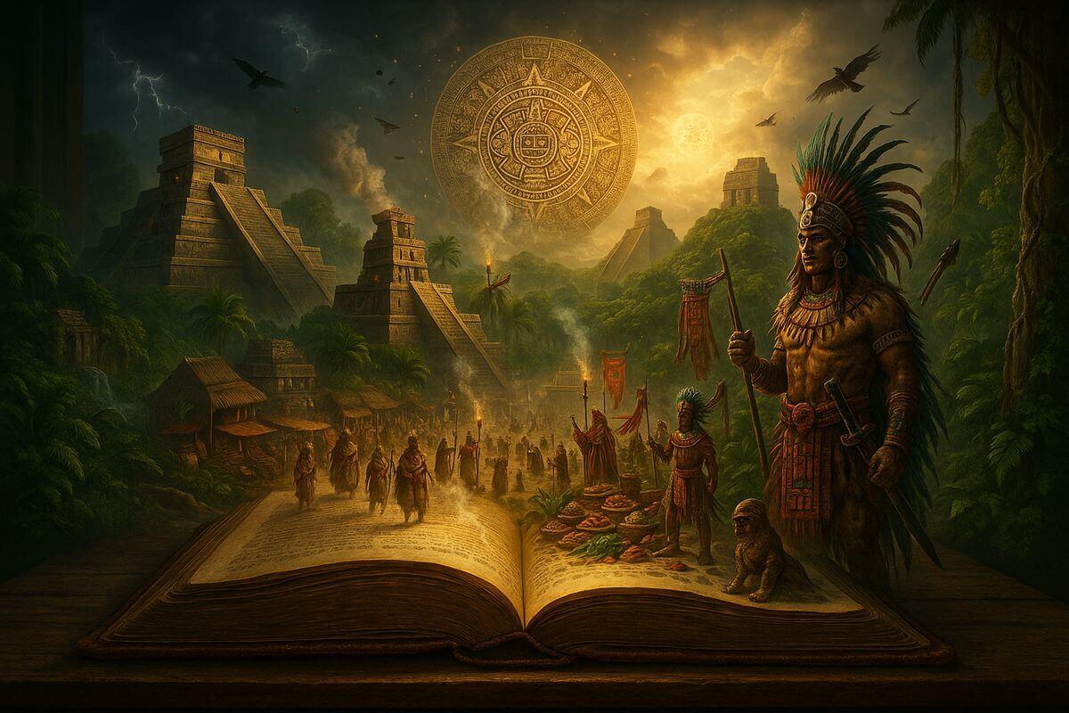 Open book with Mayan history and civilisation imagery emerging from pages