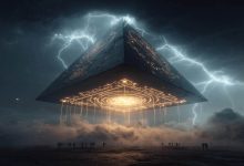 Pyramid at night with a UFO hovering above it.