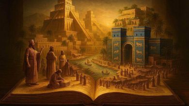 Sumerian monuments and history emerging from an open ancient book.
