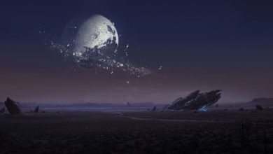 Crashed UFO and landed moon on the surface of an alien planet.