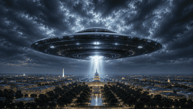 Illustration of UFO disclosure and alleged alien influence on humanity.