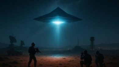 Soldier on the ground at night observing a UFO in the sky.