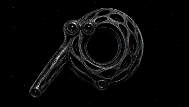 Futuristic alien ring artifact floating in deep space against a black background with sparse stars