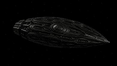 Highly detailed alien spacecraft travelling through deep space with a sparse dim starfield.