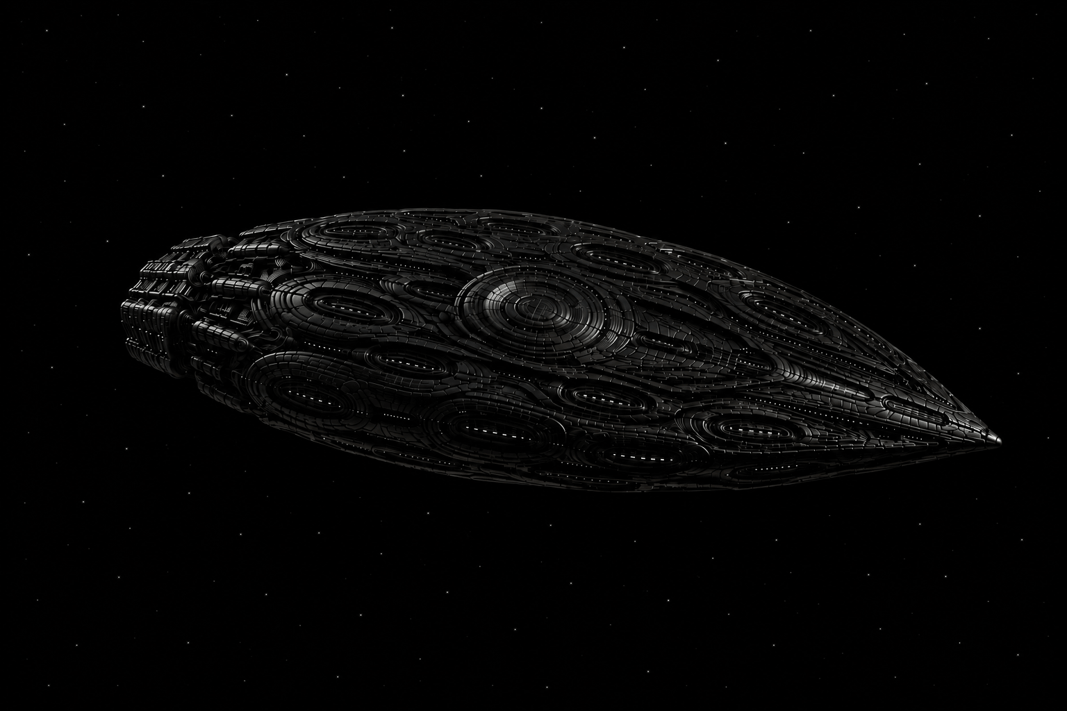 Highly detailed alien spacecraft travelling through deep space with a sparse dim starfield.
