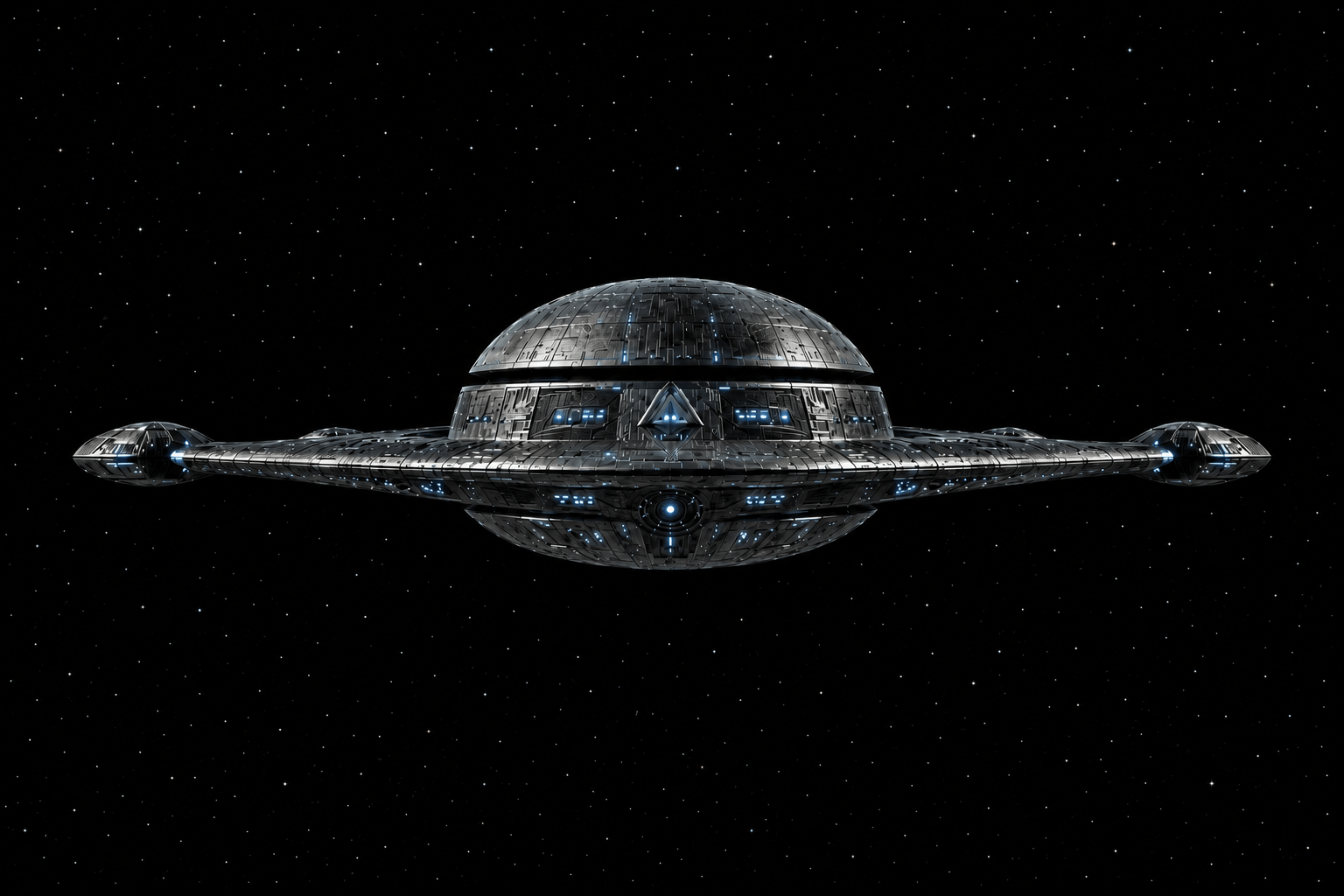 Detailed alien UFO spacecraft floating in deep space against a black background with a sparse star field.