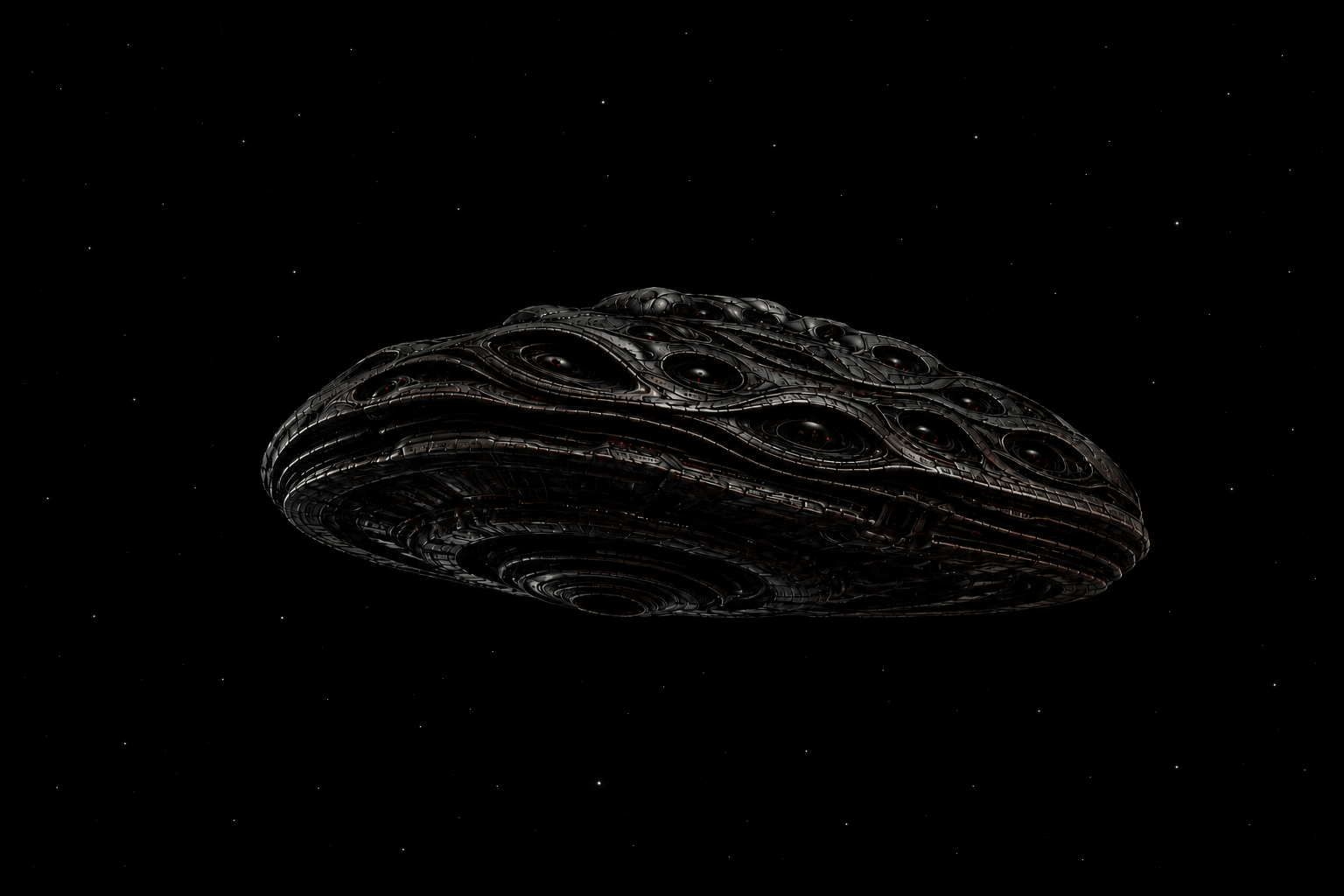 Dark biomechanical alien UFO floating in deep space with subtle stars.