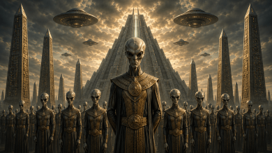 Ancient alien empire led by elongated humanoid beings standing before a massive pyramid and towering monuments.