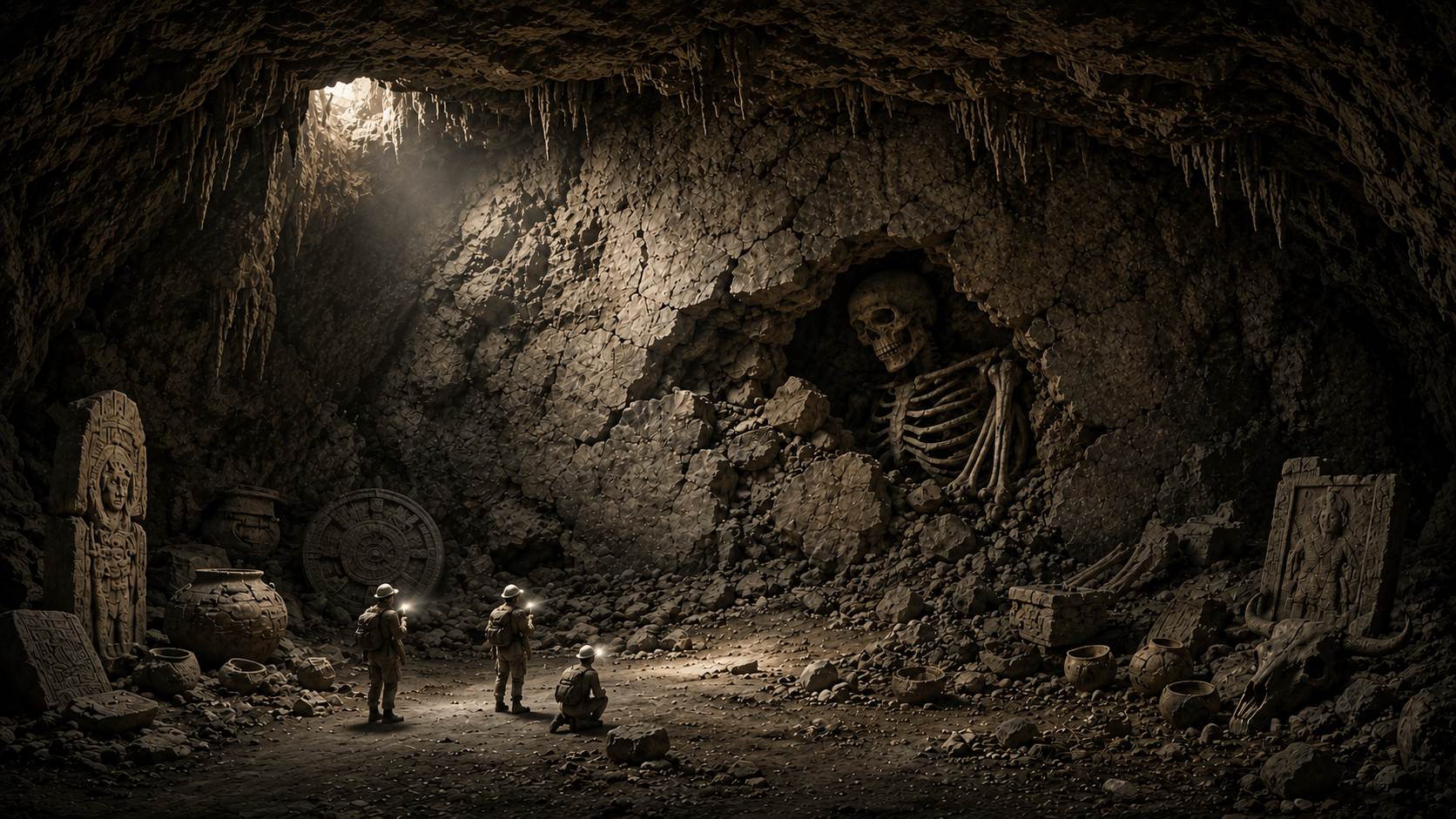 Explorers investigate the massive skeleton of an ancient giant inside a mysterious cave filled with artifacts.