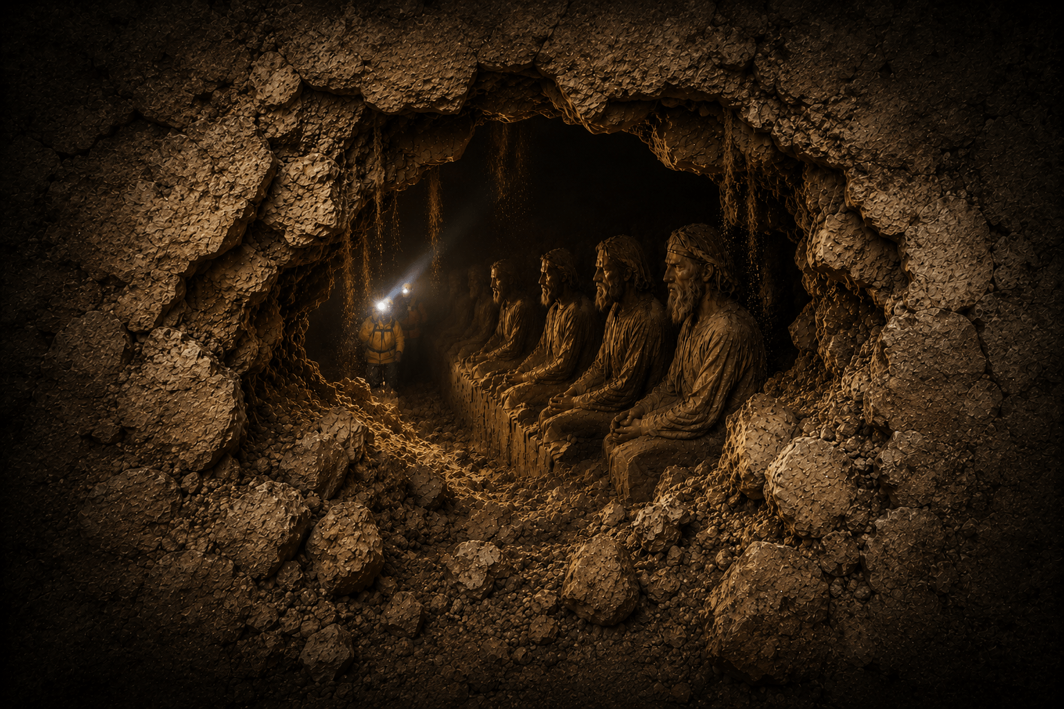 Archaeologists discover a row of ancient stone statues inside a hidden underground cave.
