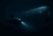 Conceptual illustration of an alien-like submarine beneath Antarctic ice