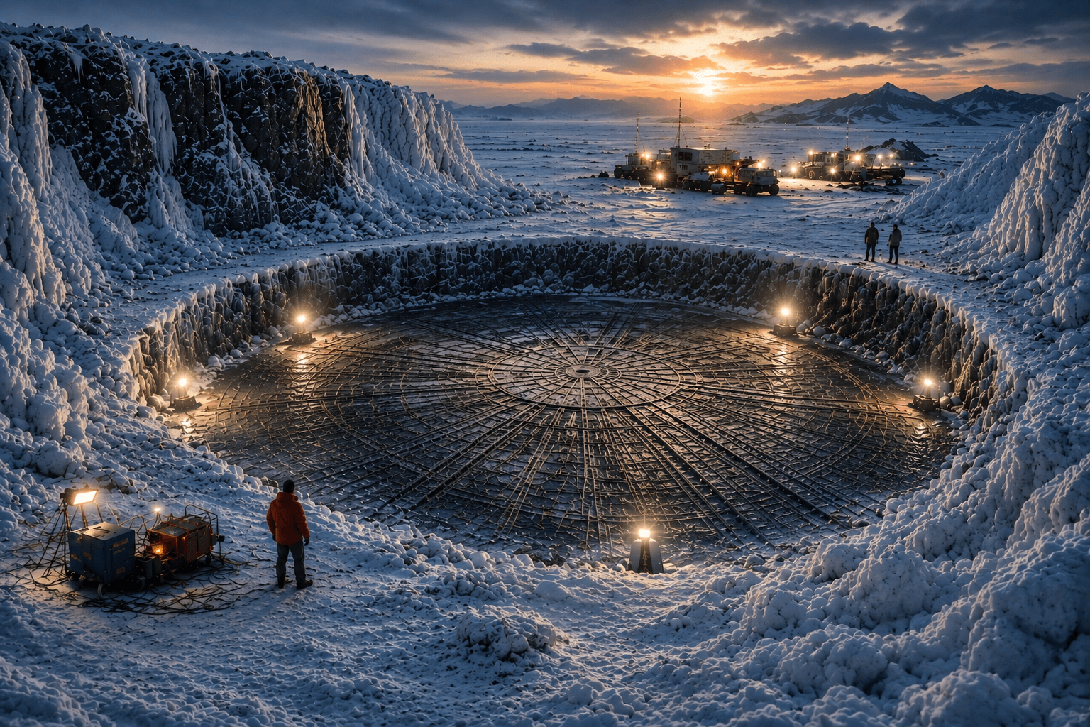 Ancient circular structure uncovered during an Antarctic excavation surrounded by snow, ice cliffs, and a remote research camp at sunset.