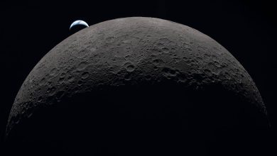 Earth photographed by the Artemis II crew near the far side of the Moon.