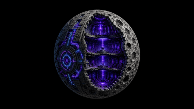 Artistic cutaway of the Moon revealing a vast hidden artificial megastructure with a glowing central energy core.