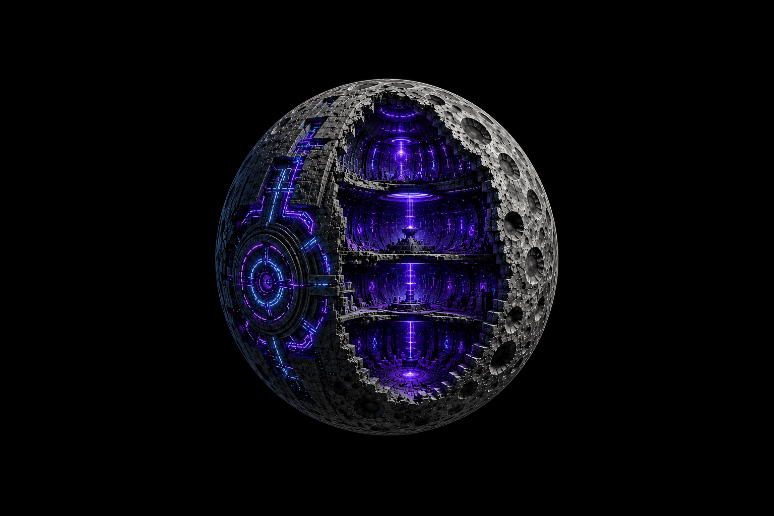 Artistic cutaway of the Moon revealing a vast hidden artificial megastructure with a glowing central energy core.