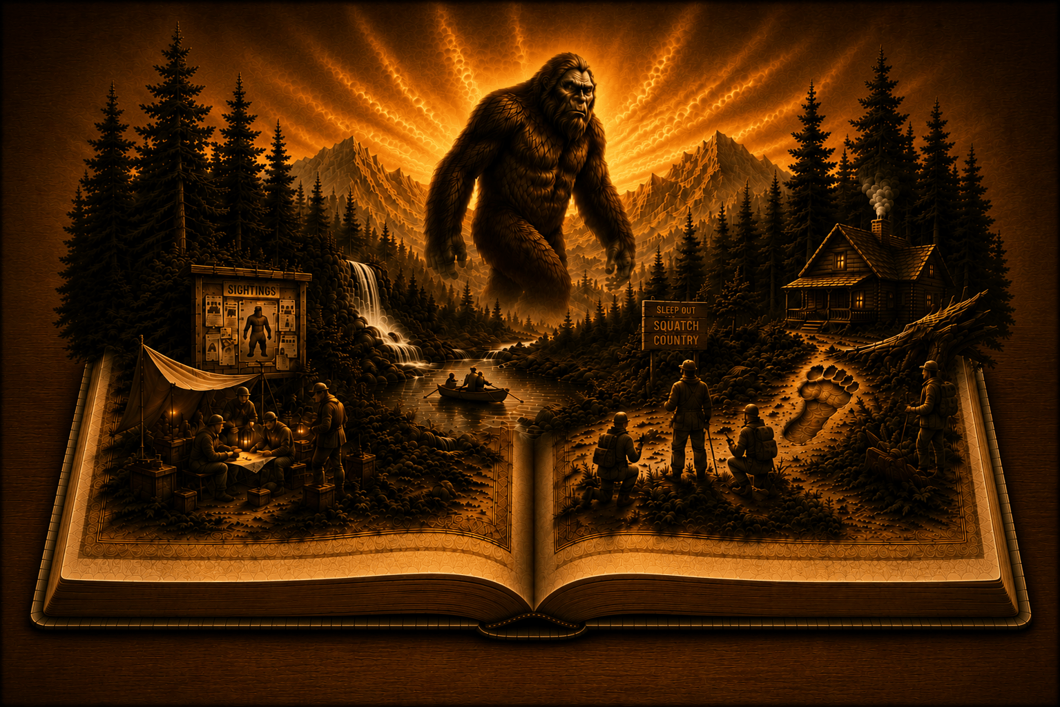 Artistic depiction of a giant Bigfoot emerging from an open storybook in a dramatic forest landscape.