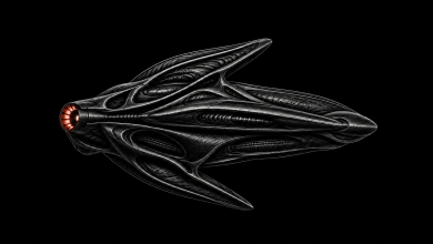 Biomechanical alien UFO with a glowing orange engine on a pure black background.