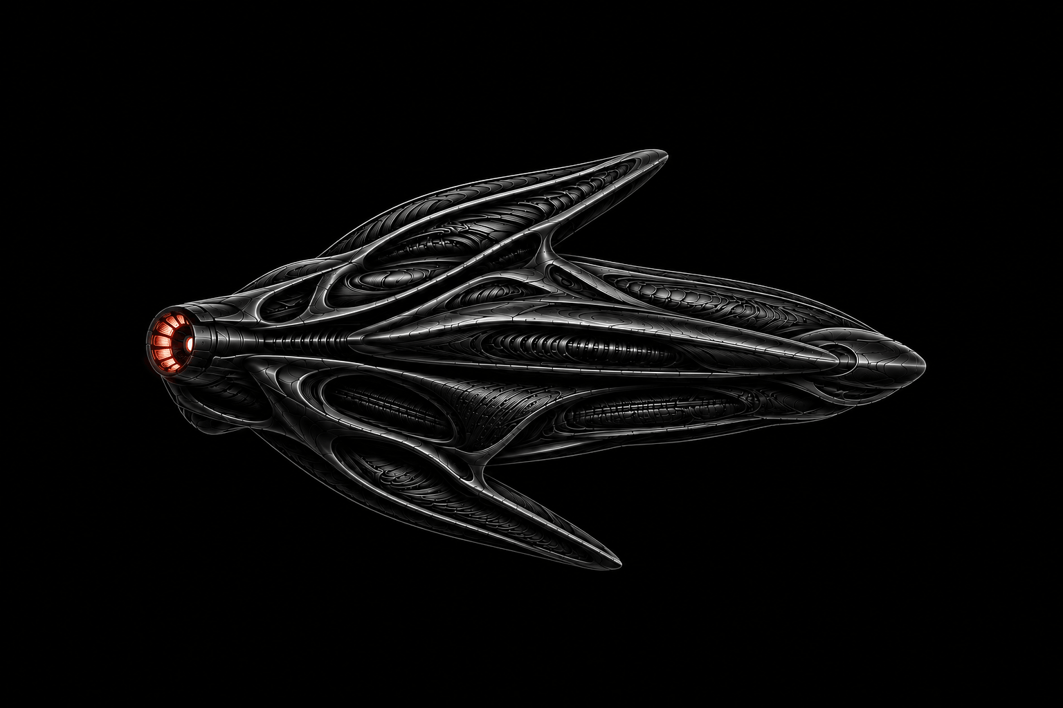 Biomechanical alien UFO with a glowing orange engine on a pure black background.
