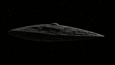 Colossal alien spacecraft drifting silently through deep space beneath a faint starfield