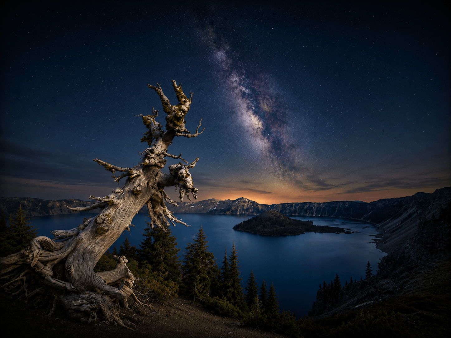 Gnarled dead tree overlooking a crater lake beneath the Milky Way