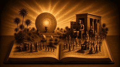 Artistic depiction of the Dendera Light emerging from an ancient Egyptian pop-up book with temples, statues and figures in a golden fantasy scene.