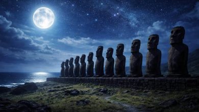 Moai statues on Easter Island beneath a bright full moon and star-filled night sky.
