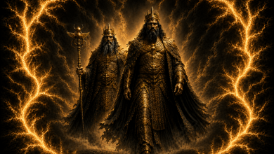 Artistic depiction of Enki and Enlil standing before a golden lightning porta