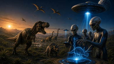 Artistic concept of extraterrestrials observing dinosaurs on ancient Earth