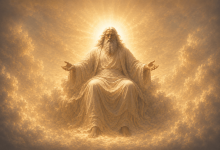 Artistic depiction of God sitting among heavenly clouds