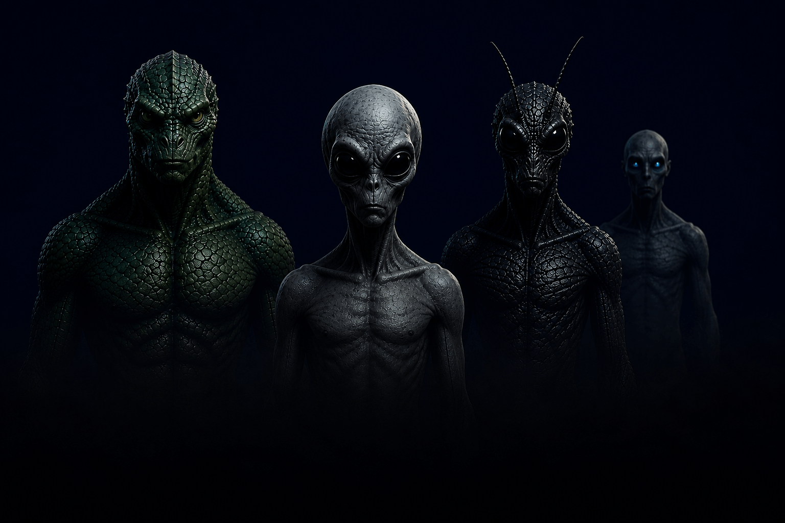 Four grey aliens standing together against a dark background