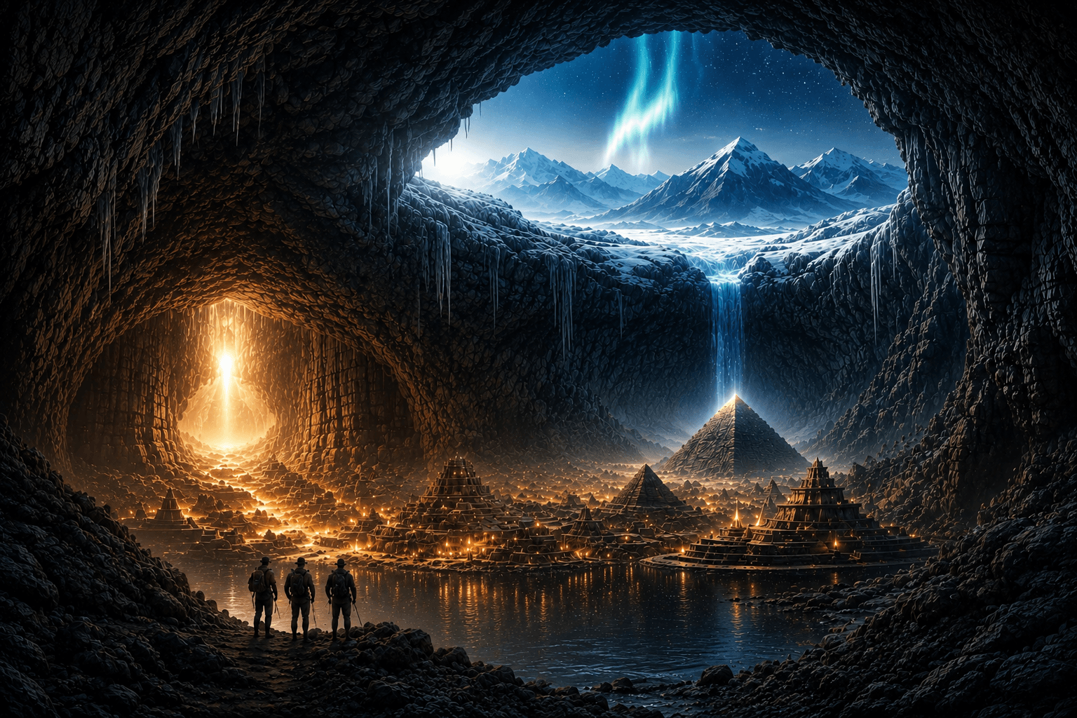 Illustration of a hidden underground city beneath Antarctica viewed from inside a vast cave with pyramids, glowing lights and icy mountains.
