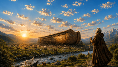 Artistic depiction of Noah beside the Ark surrounded by animals