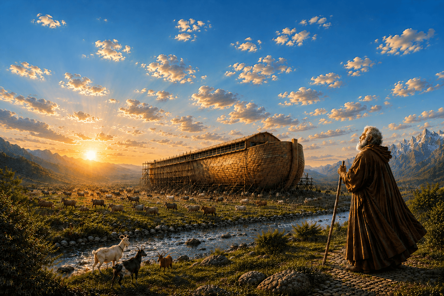 Artistic depiction of Noah beside the Ark surrounded by animals