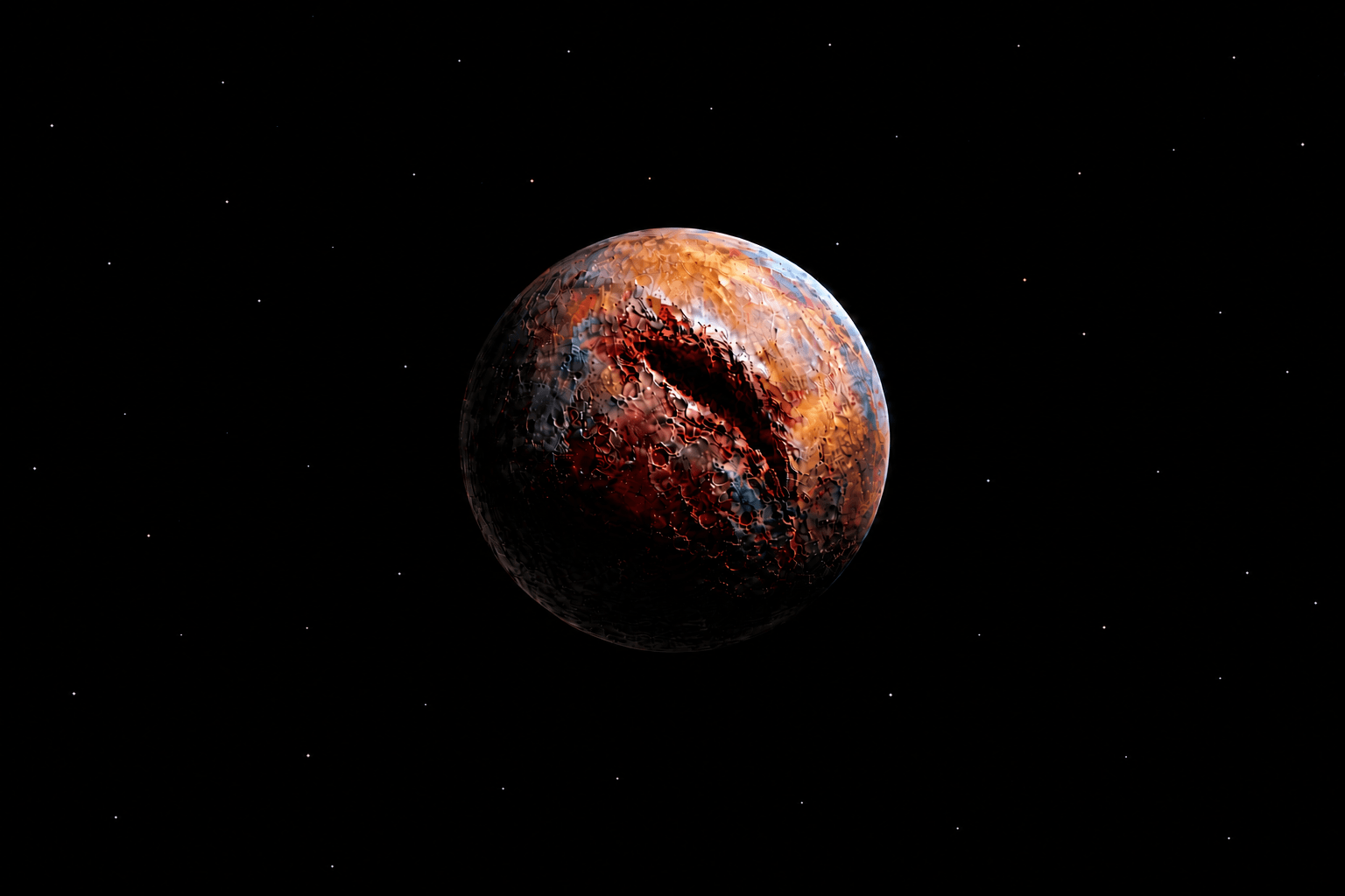 Artistic depiction of a scarred cratered planet against a black space background with a few distant stars.