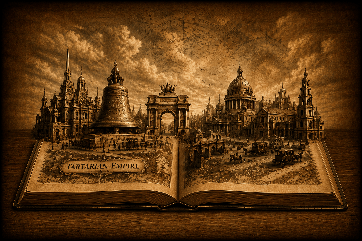 Tartarian Empire pop-up city emerging from an open antique book with giant bell and monumental architecture