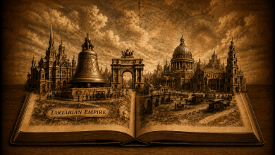 Tartarian Empire pop-up city emerging from an open antique book with giant bell and monumental architecture