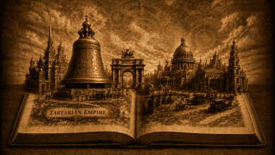 Tartarian history and ancient bell emerging from a book.