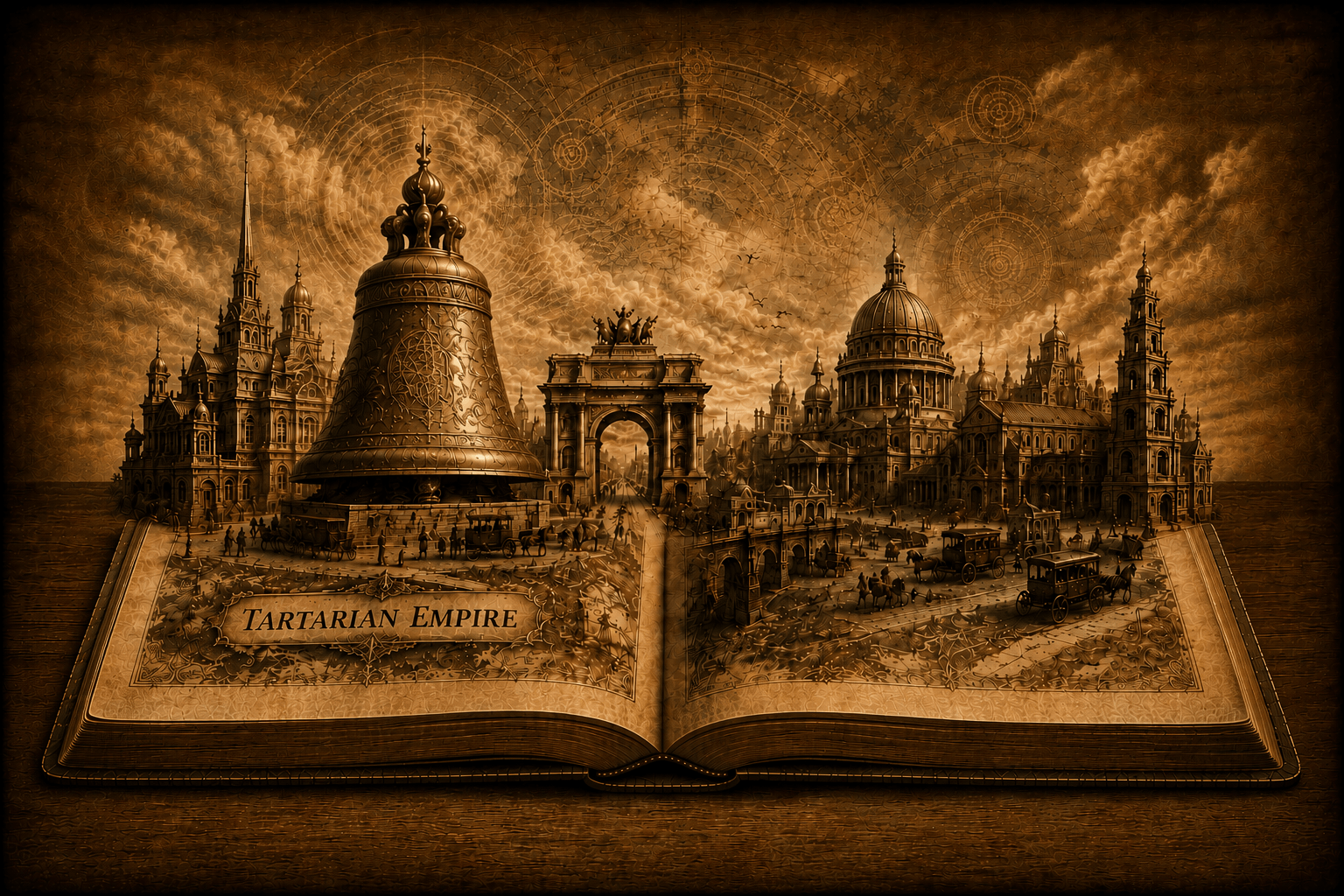 Tartarian history and ancient bell emerging from a book.