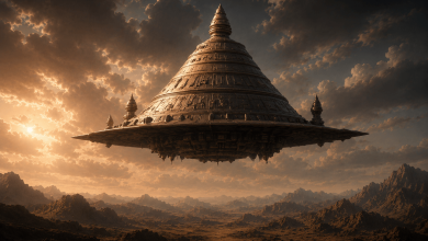 Conceptual illustration of flying vimanas above mountains and plains