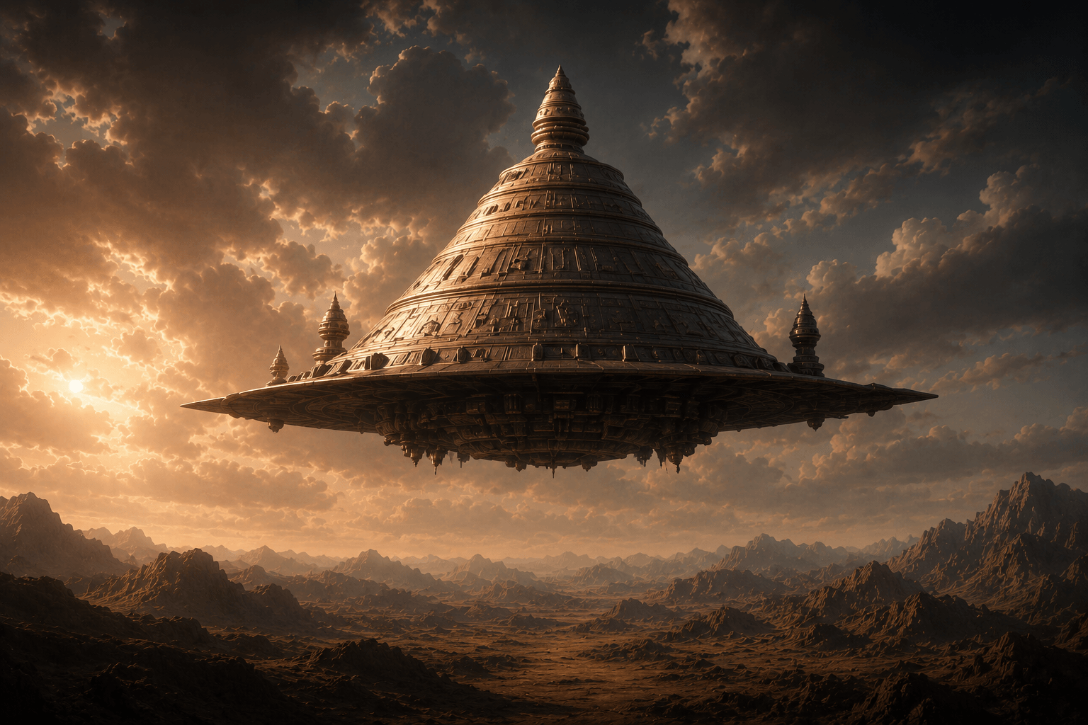 Conceptual illustration of flying vimanas above mountains and plains