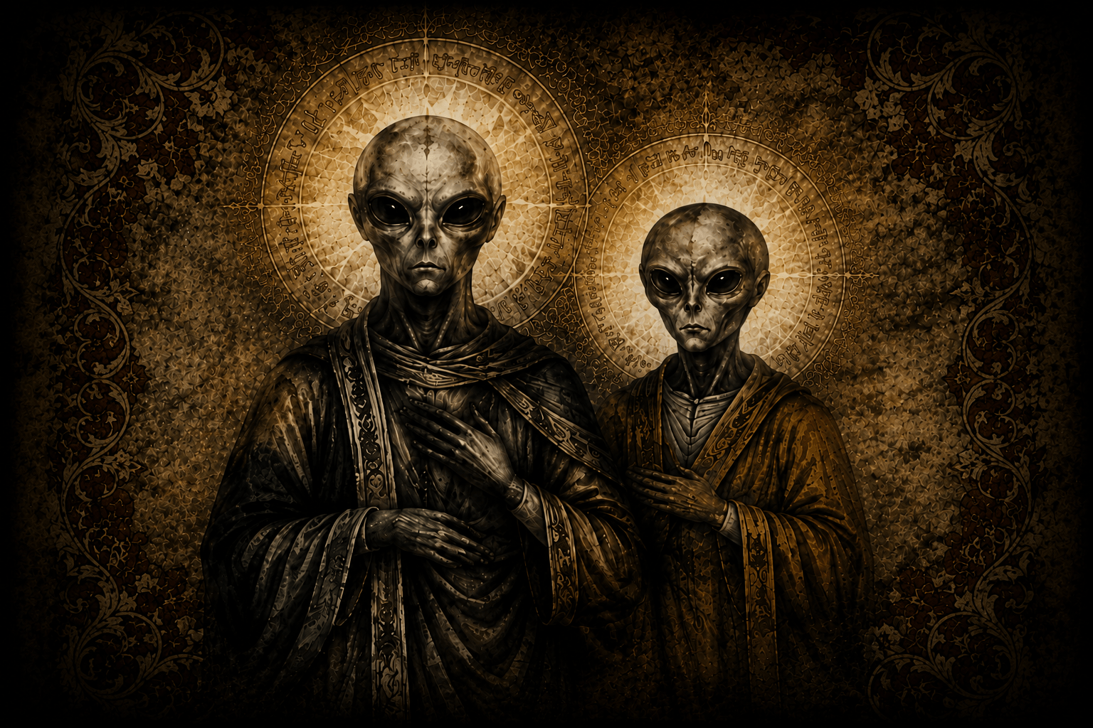 Conceptual illustration of two Archons against a dark brown background