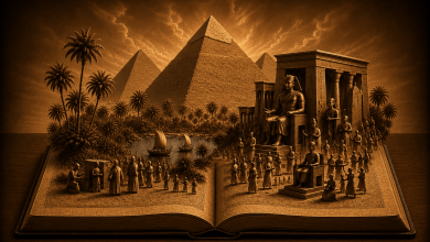 Ancient Egyptian pop-up book featuring the Giza Pyramids, temples, statues, palm trees, and a golden sepia fantasy landscape.