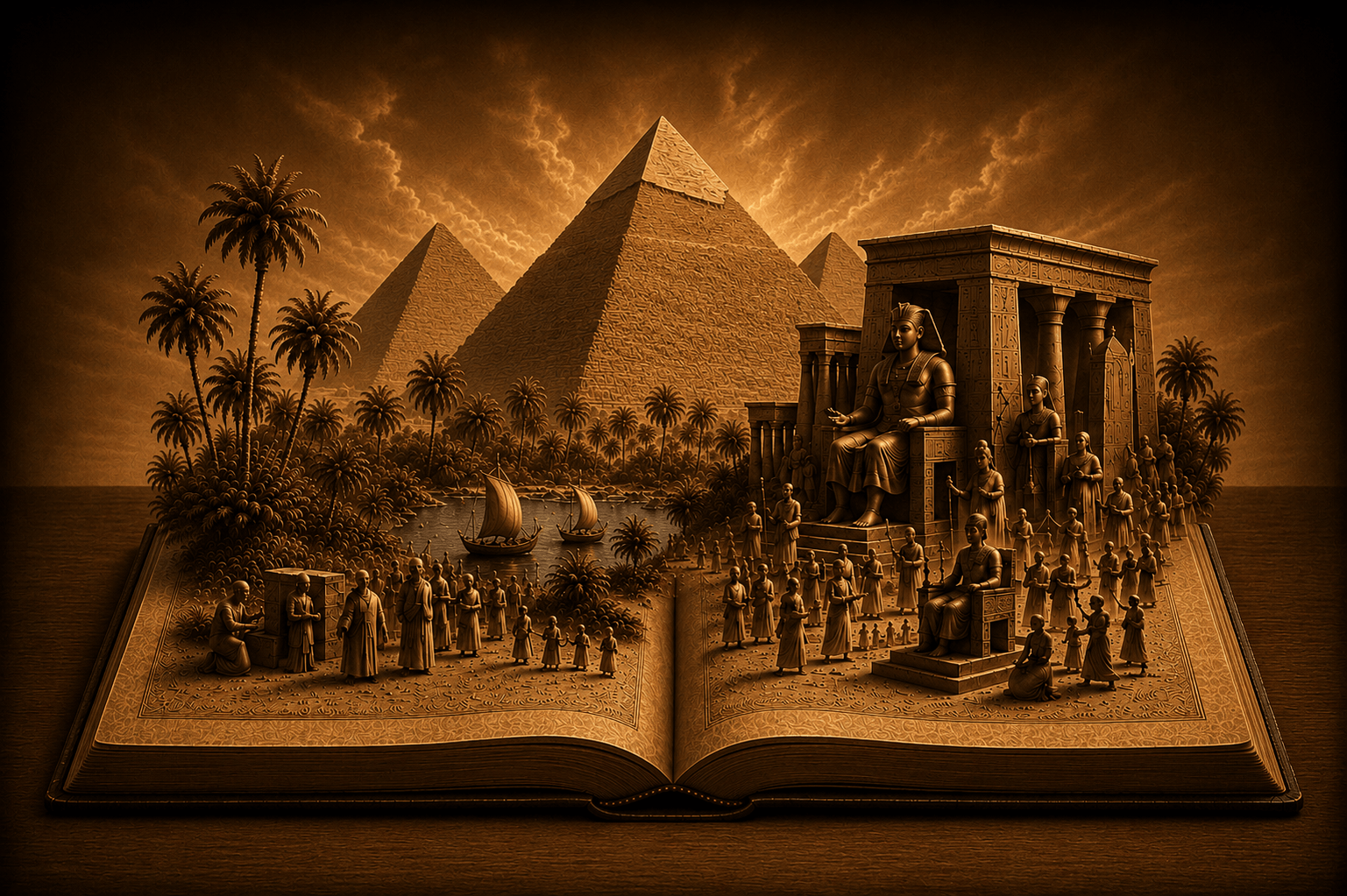 Ancient Egyptian pop-up book featuring the Giza Pyramids, temples, statues, palm trees, and a golden sepia fantasy landscape.